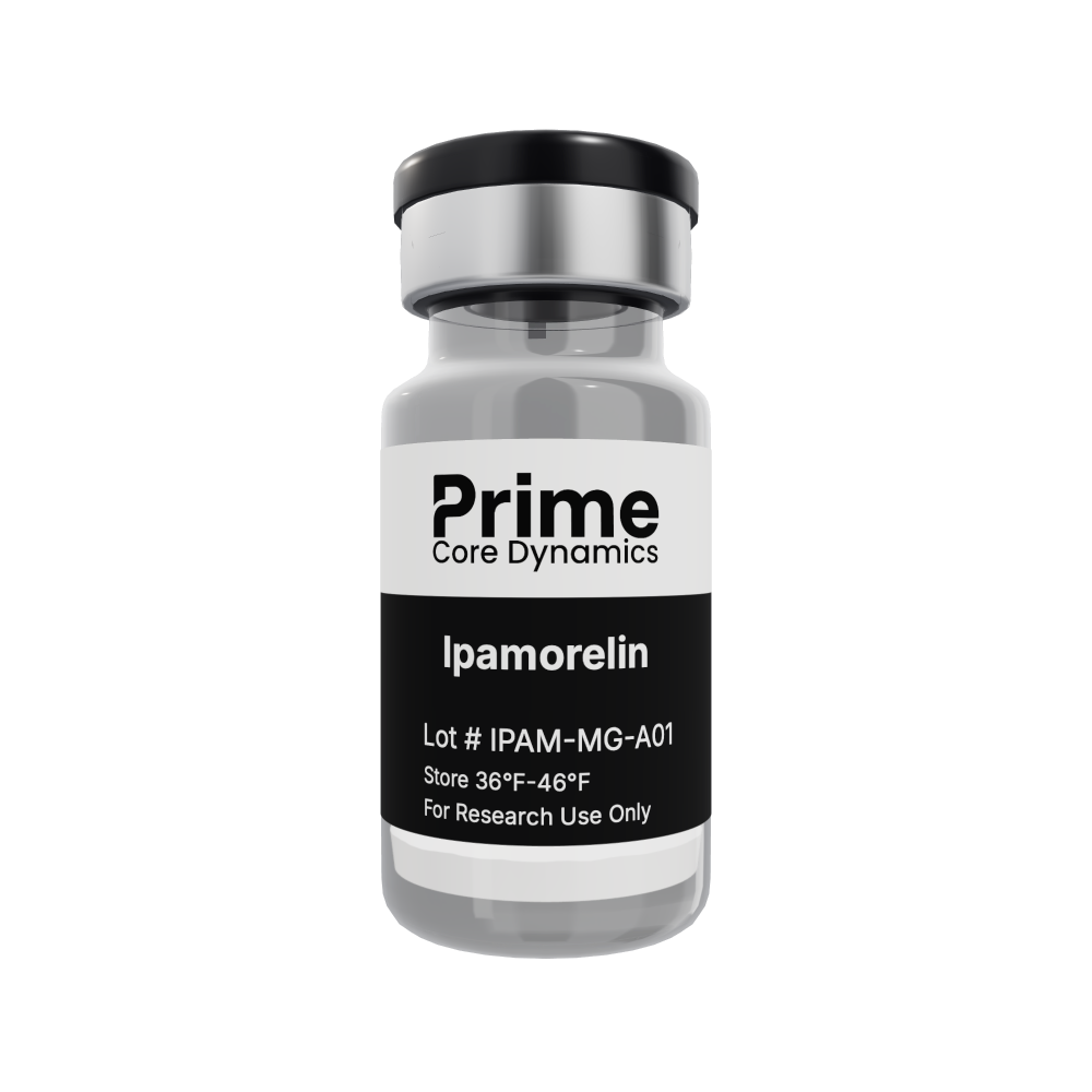 Ipamorelin 5mg lyophilized powder in a sealed glass vial.