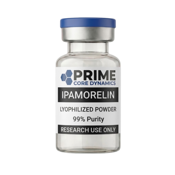 Ipamorelin 5mg lyophilized powder in a sealed glass vial.