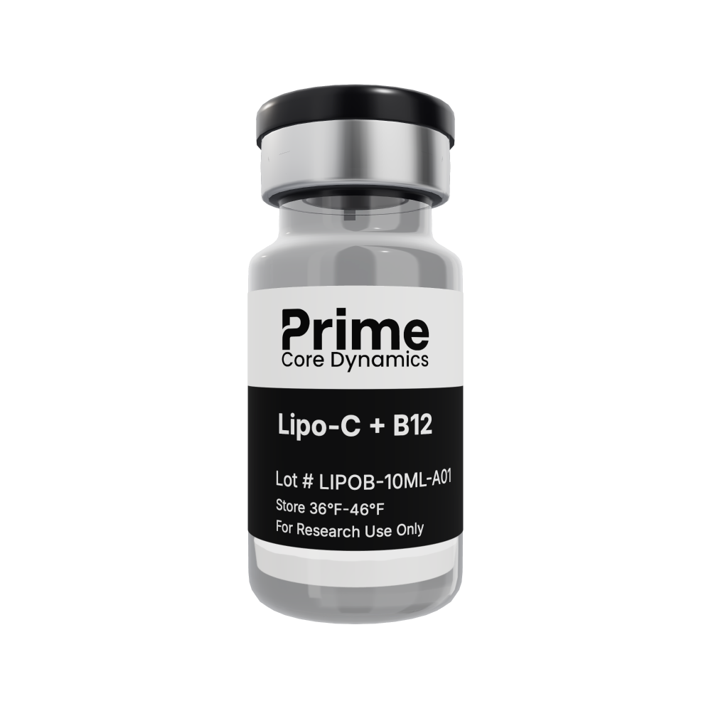 Lipo-C with B12 10ml liquid in a sealed glass vial.