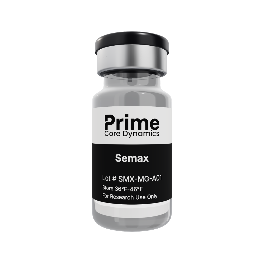 Semax 5mg lyophilized powder in a sealed glass vial.