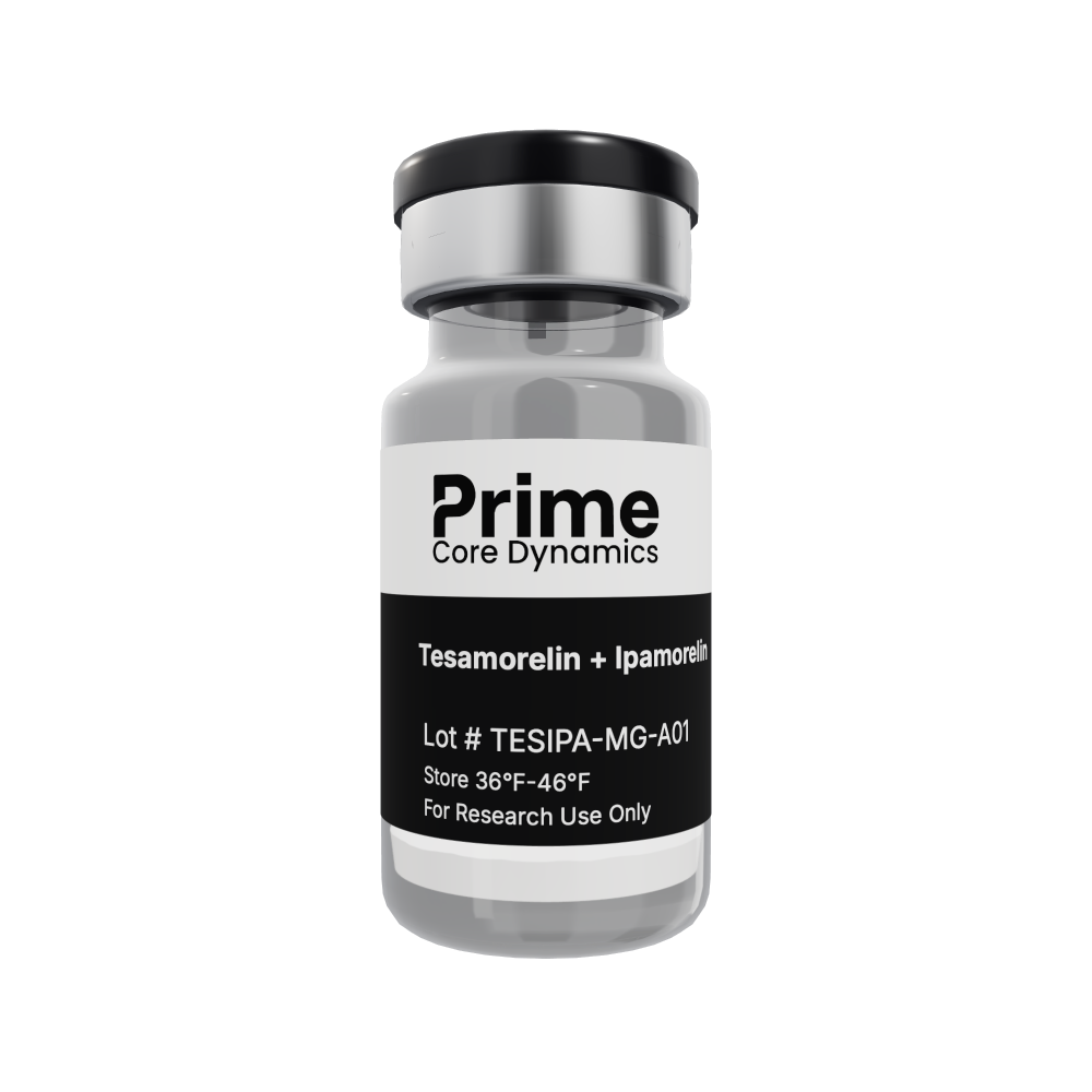Tesamorelin + Ipamorelin 20mg lyophilized powder in a sealed glass vial.