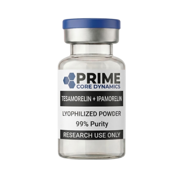 ￼Tesamorelin + Ipamorelin 20mg lyophilized powder in a sealed glass vial.